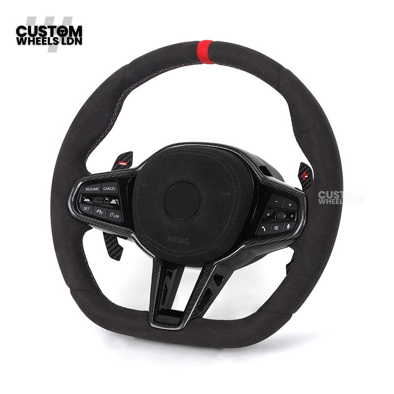 BMW Custom LCI-Style Flat Bottom Steering Wheel – Alcantara, Carbon Fibre Trims, M-Coloured Stitching, Red M Buttons, Carbon Paddles | Fits G80 M3, G82 M4, G20 3 Series, G22 4 Series, G30 5 Series + more | Plug & Play | Retrofit Upgrade for Older Models