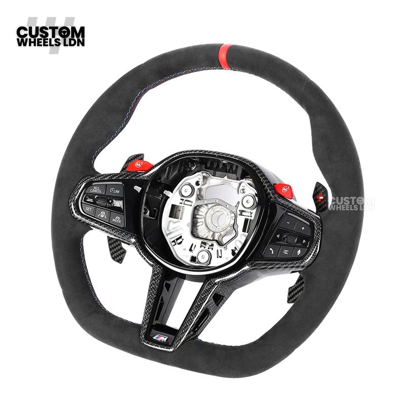 BMW Custom LCI-Style Flat Bottom Steering Wheel – Alcantara, Carbon Fibre Trims, M-Coloured Stitching, Red M Buttons, Carbon Paddles | Fits G80 M3, G82 M4, G20 3 Series, G22 4 Series, G30 5 Series + more | Plug & Play | Retrofit Upgrade for Older Models
