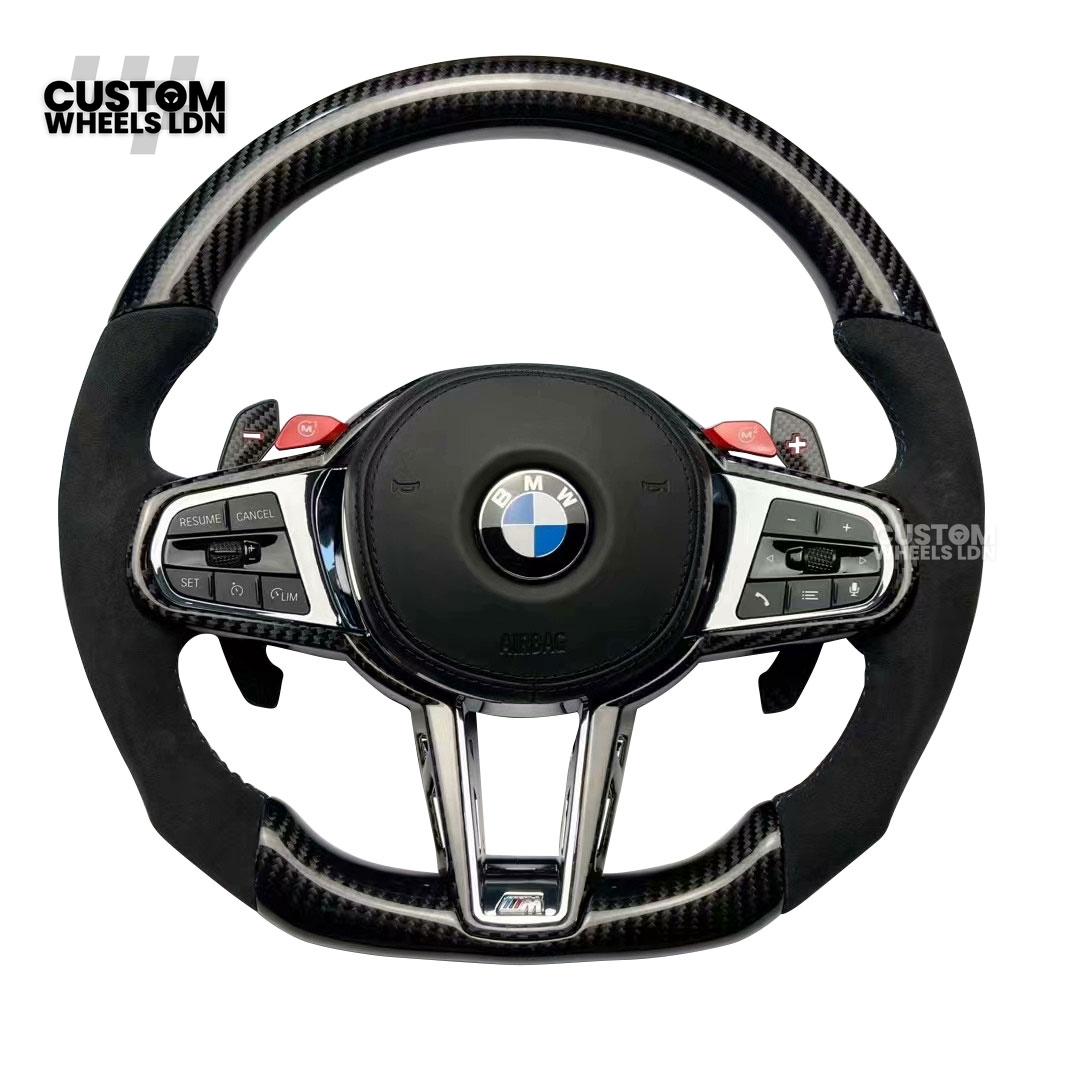 BMW Custom LCI-Style Flat Bottom Steering Wheel – Perforated Leather & Gloss Carbon Trim, Red M Buttons, Carbon Paddles, M Badge | Fits G80 M3, G82 M4, G20 3 Series, G22 4 Series, G30 5 Series + more | Plug & Play | Retrofit Upgrade for Older Models
