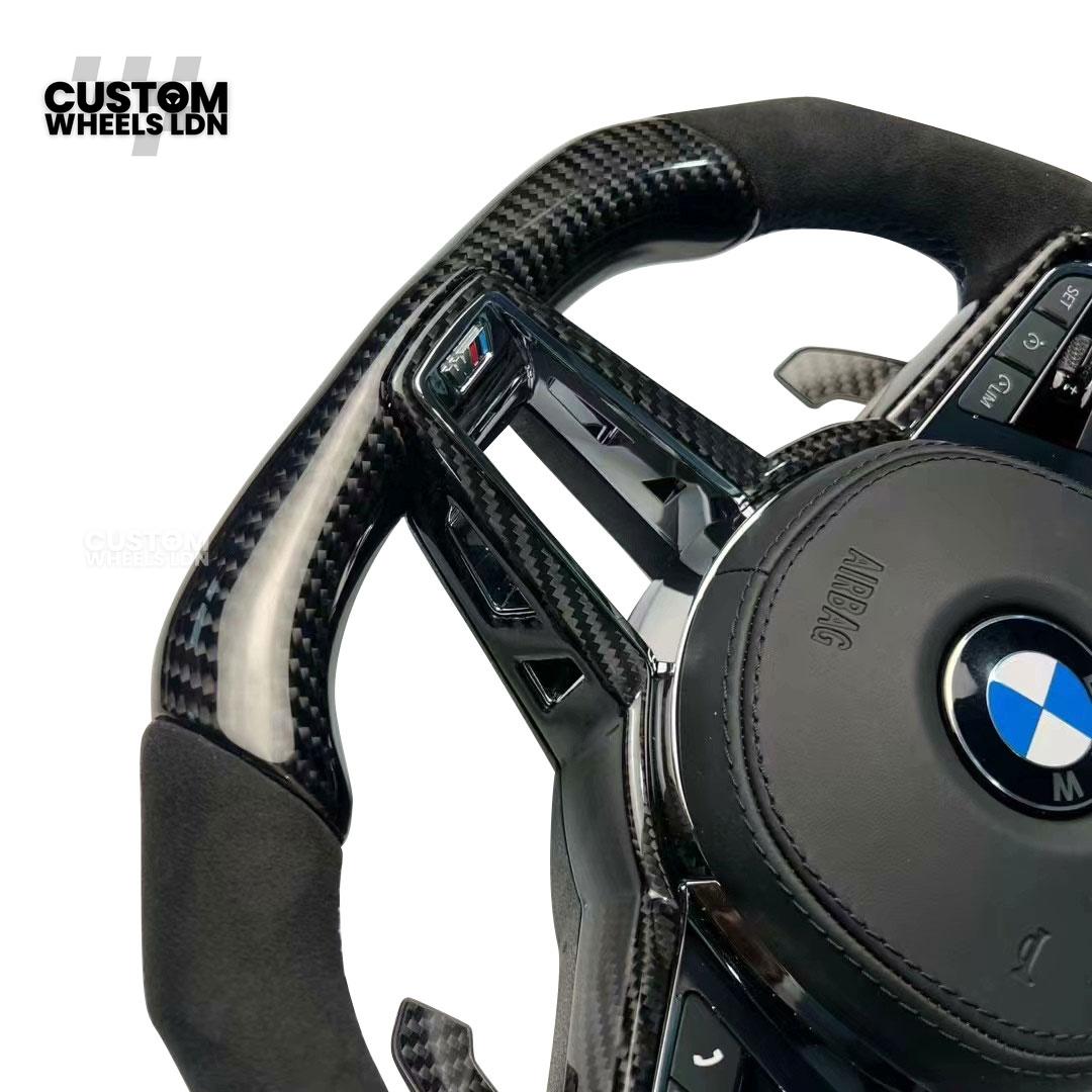 BMW Custom LCI-Style Flat Bottom Steering Wheel – Perforated Leather & Gloss Carbon Trim, Red M Buttons, Carbon Paddles, M Badge | Fits G80 M3, G82 M4, G20 3 Series, G22 4 Series, G30 5 Series + more | Plug & Play | Retrofit Upgrade for Older Models