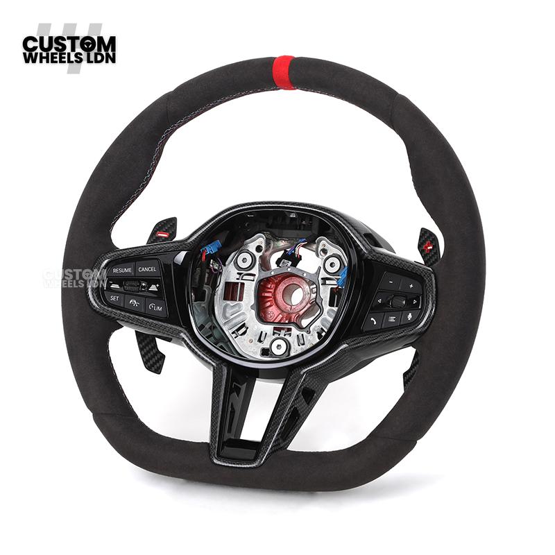 BMW Custom LCI-Style Flat Bottom Steering Wheel – Alcantara, Carbon Fibre Trims, M-Coloured Stitching, Red M Buttons, Carbon Paddles | Fits G80 M3, G82 M4, G20 3 Series, G22 4 Series, G30 5 Series + more | Plug & Play | Retrofit Upgrade for Older Models
