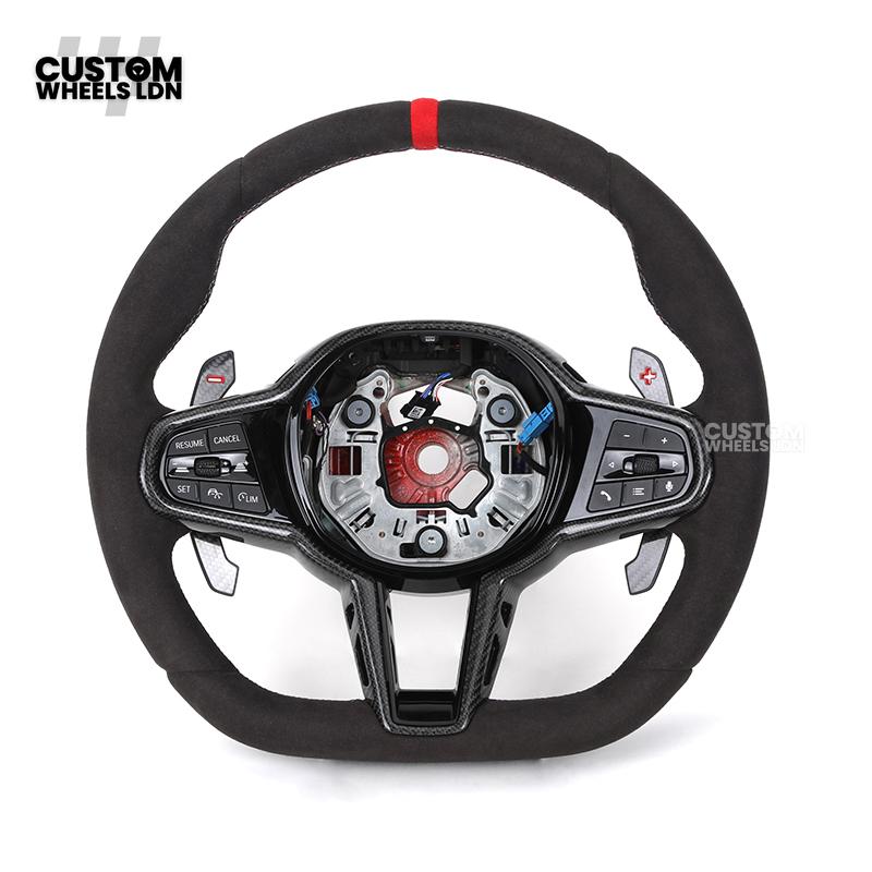 BMW Custom LCI-Style Flat Bottom Steering Wheel – Alcantara, Carbon Fibre Trims, M-Coloured Stitching, Red M Buttons, Carbon Paddles | Fits G80 M3, G82 M4, G20 3 Series, G22 4 Series, G30 5 Series + more | Plug & Play | Retrofit Upgrade for Older Models