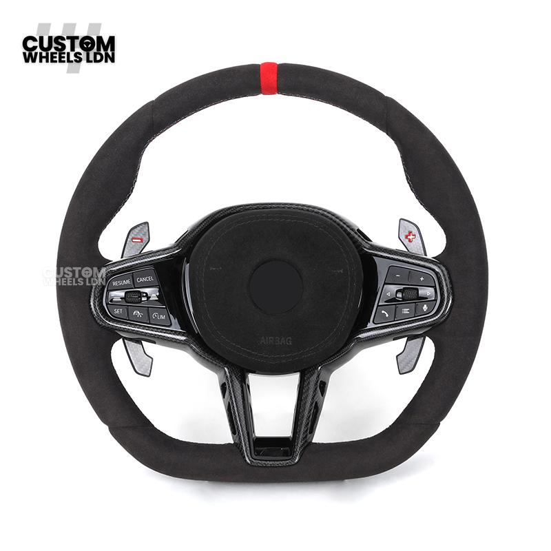 BMW Custom LCI-Style Flat Bottom Steering Wheel – Alcantara, Carbon Fibre Trims, M-Coloured Stitching, Red M Buttons, Carbon Paddles | Fits G80 M3, G82 M4, G20 3 Series, G22 4 Series, G30 5 Series + more | Plug & Play | Retrofit Upgrade for Older Models