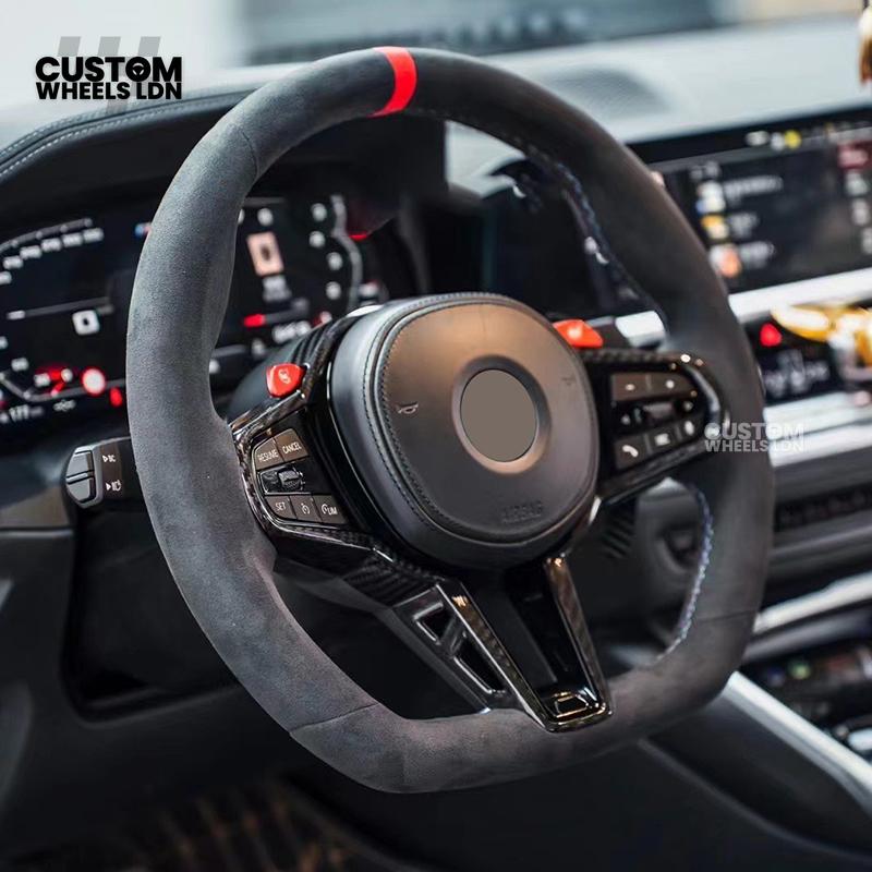 BMW Custom LCI-Style Flat Bottom Steering Wheel – Alcantara, Carbon Fibre Trims, M-Coloured Stitching, Red M Buttons, Carbon Paddles | Fits G80 M3, G82 M4, G20 3 Series, G22 4 Series, G30 5 Series + more | Plug & Play | Retrofit Upgrade for Older Models