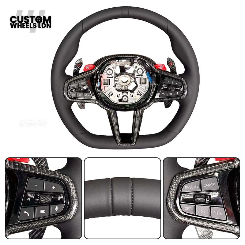 BMW Custom LCI-Style Flat Bottom Steering Wheel – Smooth Leather Grip, Gloss Carbon Fibre Trims, Red M Buttons, Carbon Paddles | Fits G80 M3, G82 M4, G20 3 Series, G22 4 Series, G30 5 Series, G15 8 Series + more | Plug & Play | Retrofit Upgrade for Older