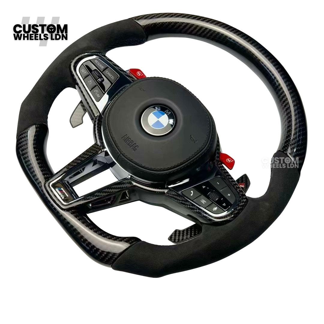 BMW Custom LCI-Style Flat Bottom Steering Wheel – Perforated Leather & Gloss Carbon Trim, Red M Buttons, Carbon Paddles, M Badge | Fits G80 M3, G82 M4, G20 3 Series, G22 4 Series, G30 5 Series + more | Plug & Play | Retrofit Upgrade for Older Models