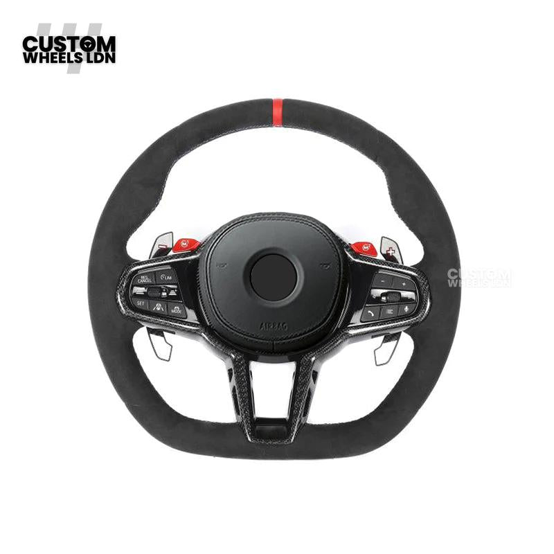 BMW Custom LCI-Style Flat Bottom Steering Wheel – Alcantara, Carbon Fibre Trims, M-Coloured Stitching, Red M Buttons, Carbon Paddles | Fits G80 M3, G82 M4, G20 3 Series, G22 4 Series, G30 5 Series + more | Plug & Play | Retrofit Upgrade for Older Models