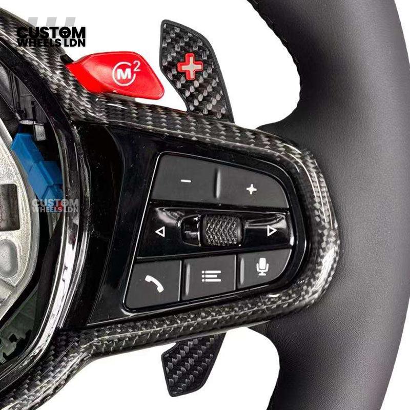 BMW Custom LCI-Style Flat Bottom Steering Wheel – Smooth Leather Grip, Gloss Carbon Fibre Trims, Red M Buttons, Carbon Paddles | Fits G80 M3, G82 M4, G20 3 Series, G22 4 Series, G30 5 Series, G15 8 Series + more | Plug & Play | Retrofit Upgrade for Older