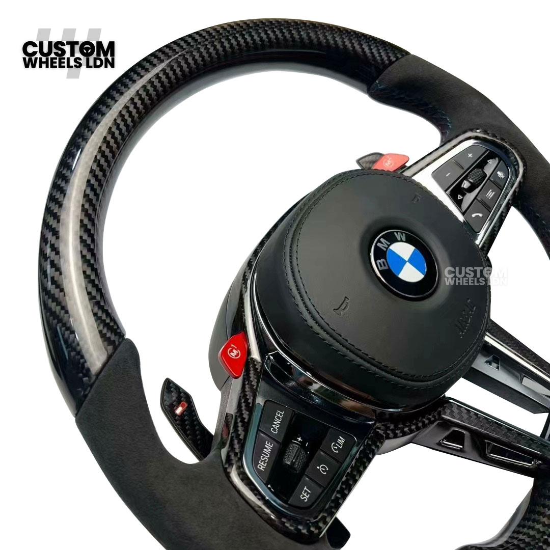 BMW Custom LCI-Style Flat Bottom Steering Wheel – Perforated Leather & Gloss Carbon Trim, Red M Buttons, Carbon Paddles, M Badge | Fits G80 M3, G82 M4, G20 3 Series, G22 4 Series, G30 5 Series + more | Plug & Play | Retrofit Upgrade for Older Models