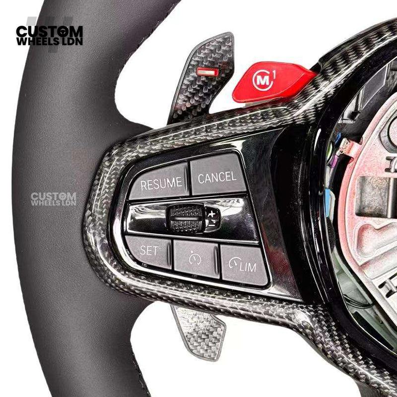 BMW Custom LCI-Style Flat Bottom Steering Wheel – Smooth Leather Grip, Gloss Carbon Fibre Trims, Red M Buttons, Carbon Paddles | Fits G80 M3, G82 M4, G20 3 Series, G22 4 Series, G30 5 Series, G15 8 Series + more | Plug & Play | Retrofit Upgrade for Older