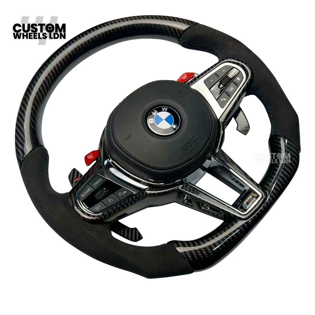 BMW Custom LCI-Style Flat Bottom Steering Wheel – Perforated Leather & Gloss Carbon Trim, Red M Buttons, Carbon Paddles, M Badge | Fits G80 M3, G82 M4, G20 3 Series, G22 4 Series, G30 5 Series + more | Plug & Play | Retrofit Upgrade for Older Models