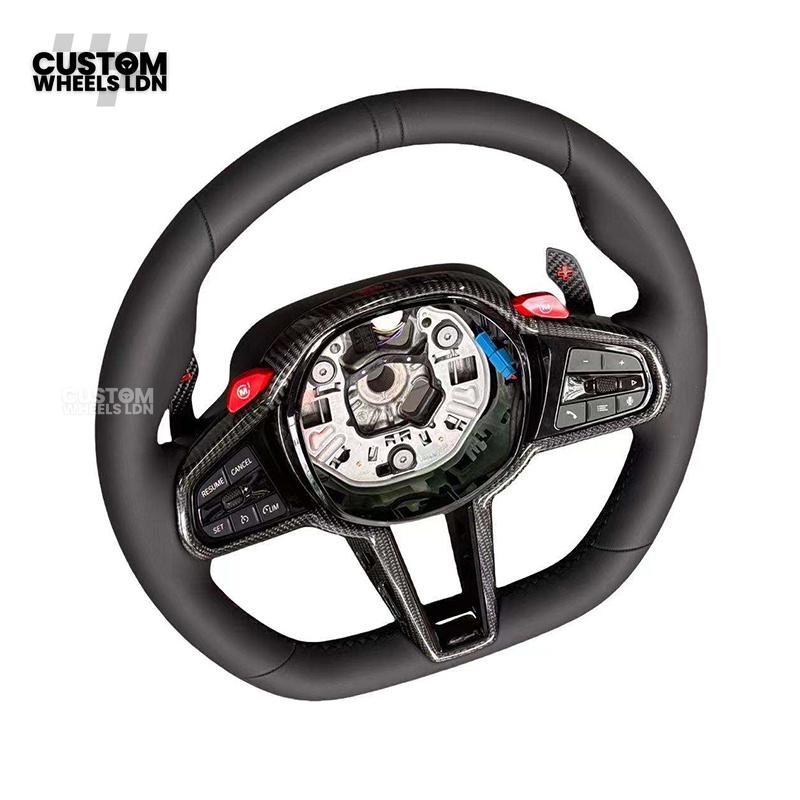 BMW Custom LCI-Style Flat Bottom Steering Wheel – Smooth Leather Grip, Gloss Carbon Fibre Trims, Red M Buttons, Carbon Paddles | Fits G80 M3, G82 M4, G20 3 Series, G22 4 Series, G30 5 Series, G15 8 Series + more | Plug & Play | Retrofit Upgrade for Older