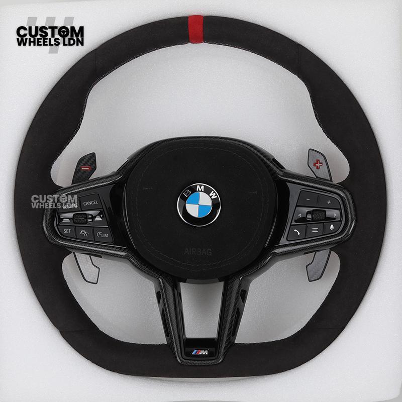 BMW Custom LCI-Style Flat Bottom Steering Wheel – Alcantara, Carbon Fibre Trims, M-Coloured Stitching, Red M Buttons, Carbon Paddles | Fits G80 M3, G82 M4, G20 3 Series, G22 4 Series, G30 5 Series + more | Plug & Play | Retrofit Upgrade for Older Models