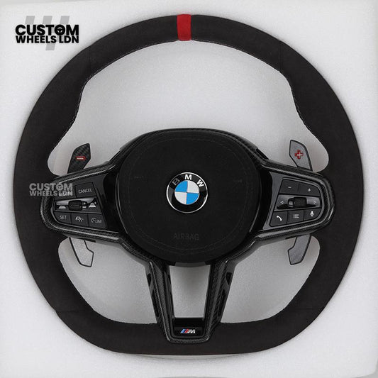 BMW Custom LCI-Style Flat Bottom Steering Wheel – Alcantara, Carbon Fibre Trims, M-Coloured Stitching, Red M Buttons, Carbon Paddles | Fits G80 M3, G82 M4, G20 3 Series, G22 4 Series, G30 5 Series + more | Plug & Play | Retrofit Upgrade for Older Models