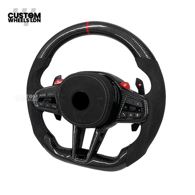 BMW Custom LCI-Style Flat Bottom Steering Wheel – Perforated Leather & Gloss Carbon Trim, Red M Buttons, Carbon Paddles, M Badge | Fits G80 M3, G82 M4, G20 3 Series, G22 4 Series, G30 5 Series + more | Plug & Play | Retrofit Upgrade for Older Models