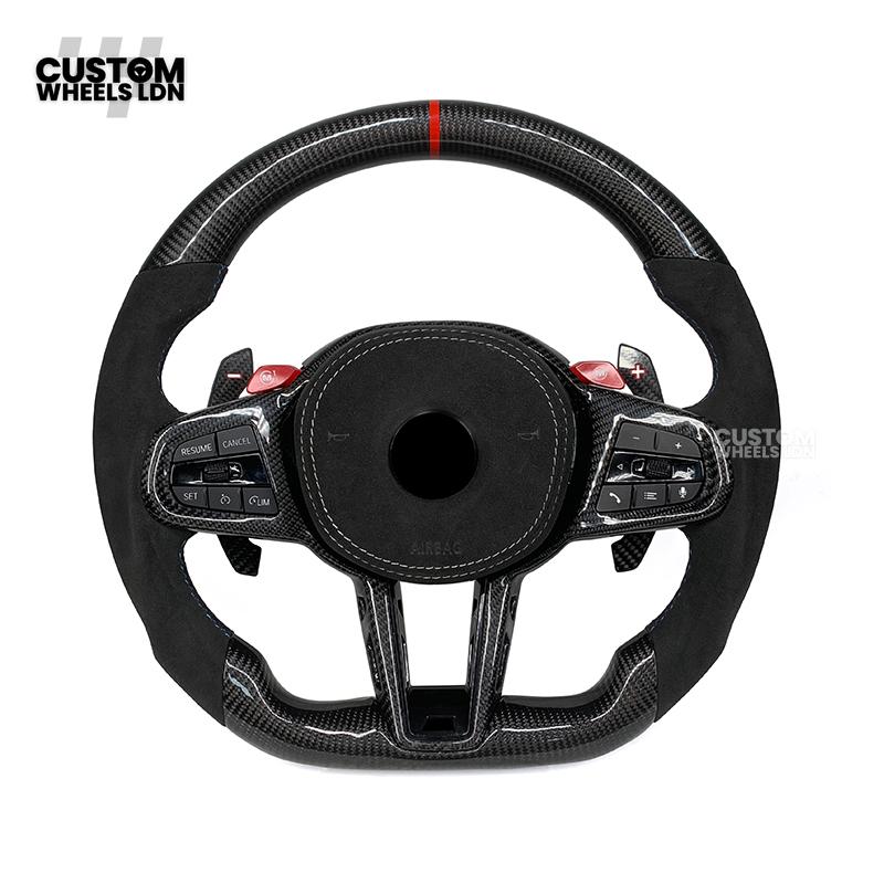 BMW Custom LCI-Style Flat Bottom Steering Wheel – Perforated Leather & Gloss Carbon Trim, Red M Buttons, Carbon Paddles, M Badge | Fits G80 M3, G82 M4, G20 3 Series, G22 4 Series, G30 5 Series + more | Plug & Play | Retrofit Upgrade for Older Models
