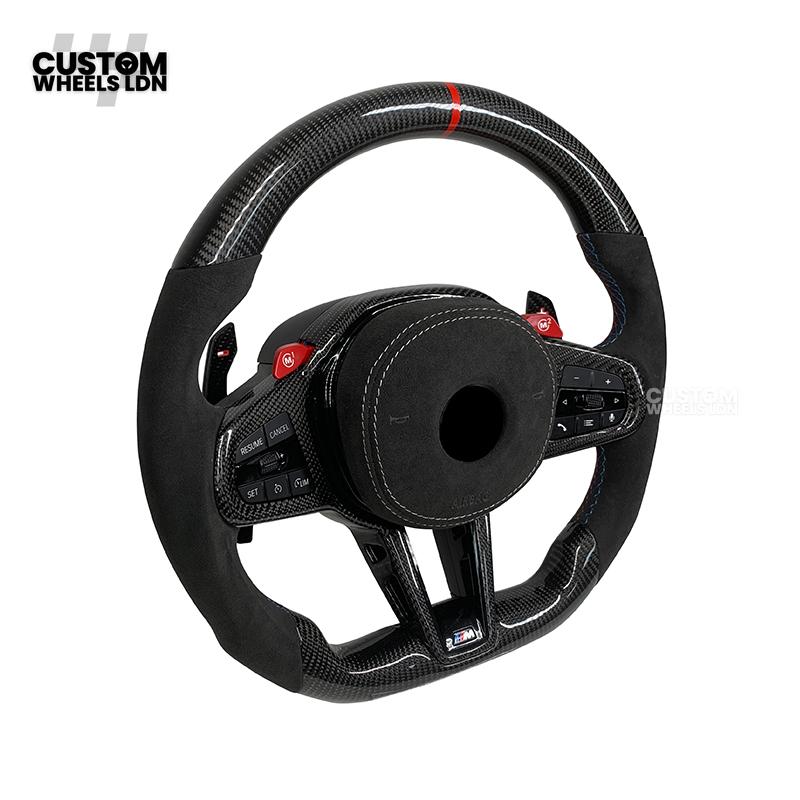 BMW Custom LCI-Style Flat Bottom Steering Wheel – Perforated Leather & Gloss Carbon Trim, Red M Buttons, Carbon Paddles, M Badge | Fits G80 M3, G82 M4, G20 3 Series, G22 4 Series, G30 5 Series + more | Plug & Play | Retrofit Upgrade for Older Models