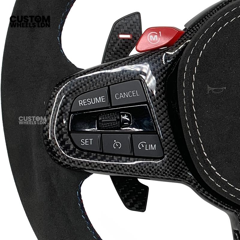 BMW Custom LCI-Style Flat Bottom Steering Wheel – Perforated Leather & Gloss Carbon Trim, Red M Buttons, Carbon Paddles, M Badge | Fits G80 M3, G82 M4, G20 3 Series, G22 4 Series, G30 5 Series + more | Plug & Play | Retrofit Upgrade for Older Models
