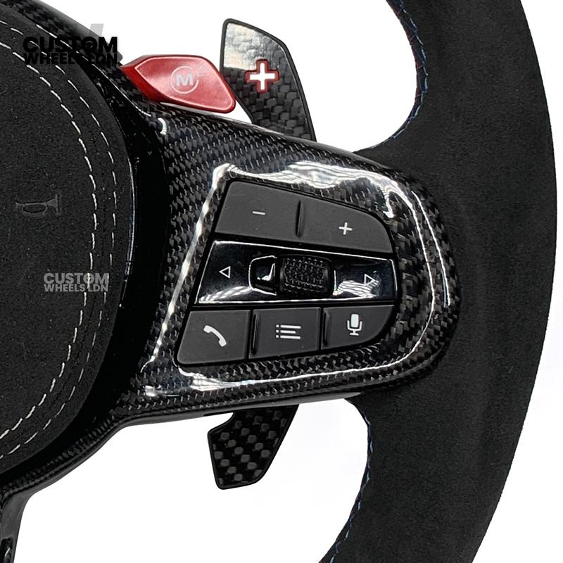 BMW Custom LCI-Style Flat Bottom Steering Wheel – Perforated Leather & Gloss Carbon Trim, Red M Buttons, Carbon Paddles, M Badge | Fits G80 M3, G82 M4, G20 3 Series, G22 4 Series, G30 5 Series + more | Plug & Play | Retrofit Upgrade for Older Models