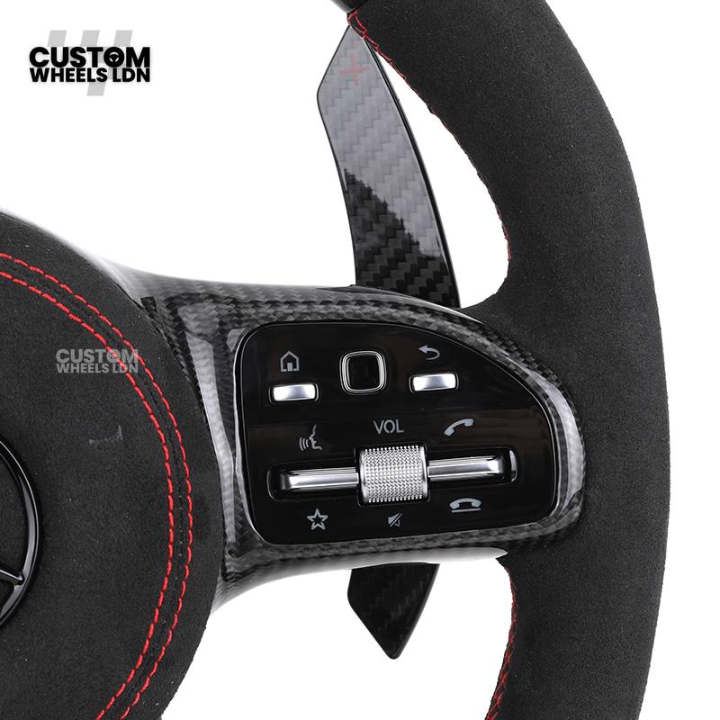 Mercedes Custom AMG Flat Bottom Steering Wheel – Alcantara & Carbon Fibre, Red Stitching, LED Display, Black Trim, Touch Buttons, AMG Badge | Fits C-Class, E-Class, CLS, GLC, GLE, G-Class + more | Plug & Play | Retrofit Upgrade for Older Model available