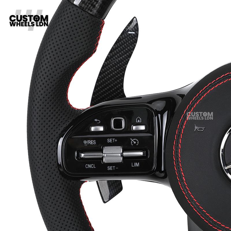 Mercedes Custom AMG Flat Bottom Steering Wheel – Perforated Leather & Gloss Carbon Fibre, LED Display, Red Stitching, Piano Black Trim, Carbon Paddles, Touch Control Buttons | Fits C-Class, E-Class, GLC, GLE, CLS, G-Class + more | Plug & Play | Retrofit U