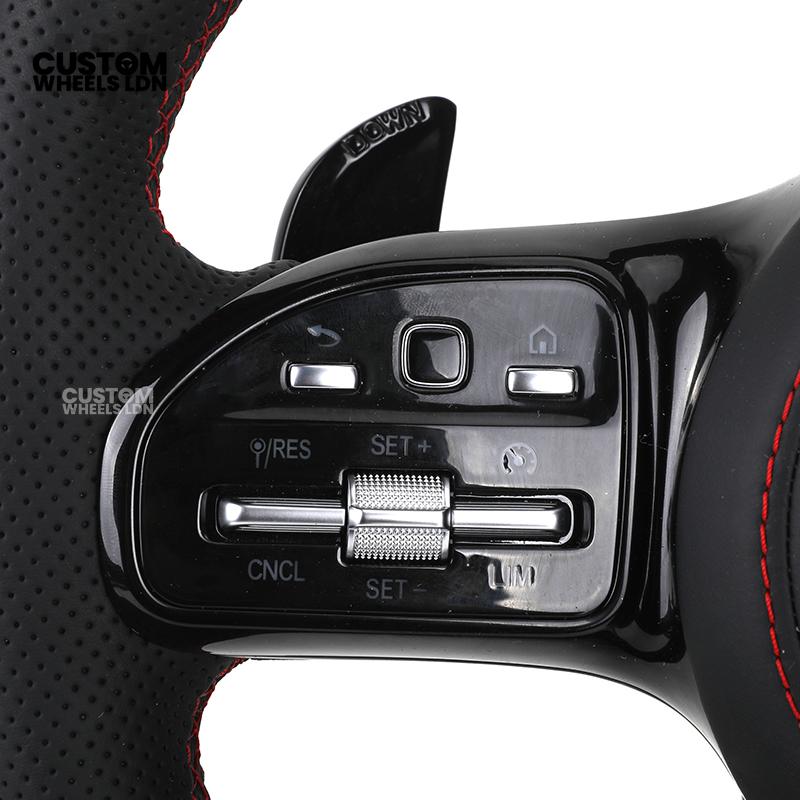 Mercedes Custom AMG LED Steering Wheel – Black AMG Trim, Red Stitching, Black Controls, Flat Bottom, Perforated Leather | AMG Badge | Plug & Play | Complete Wheel with Airbag | Retrofit Upgrade for Older Models Available | Fits W205, W213, GLC, CLS + More