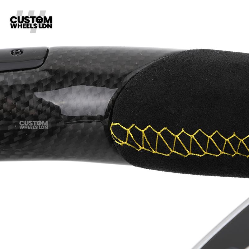 Mercedes Custom AMG Flat Bottom Steering Wheel – Alcantara & Carbon Fibre, Yellow Stitching, LED Display, Silver Trim, Touch Control Buttons, AMG Badge | Fits C-Class, E-Class, CLS, GLC, GLE, G-Class + more | Plug & Play | Retrofit Upgrade for Older Model