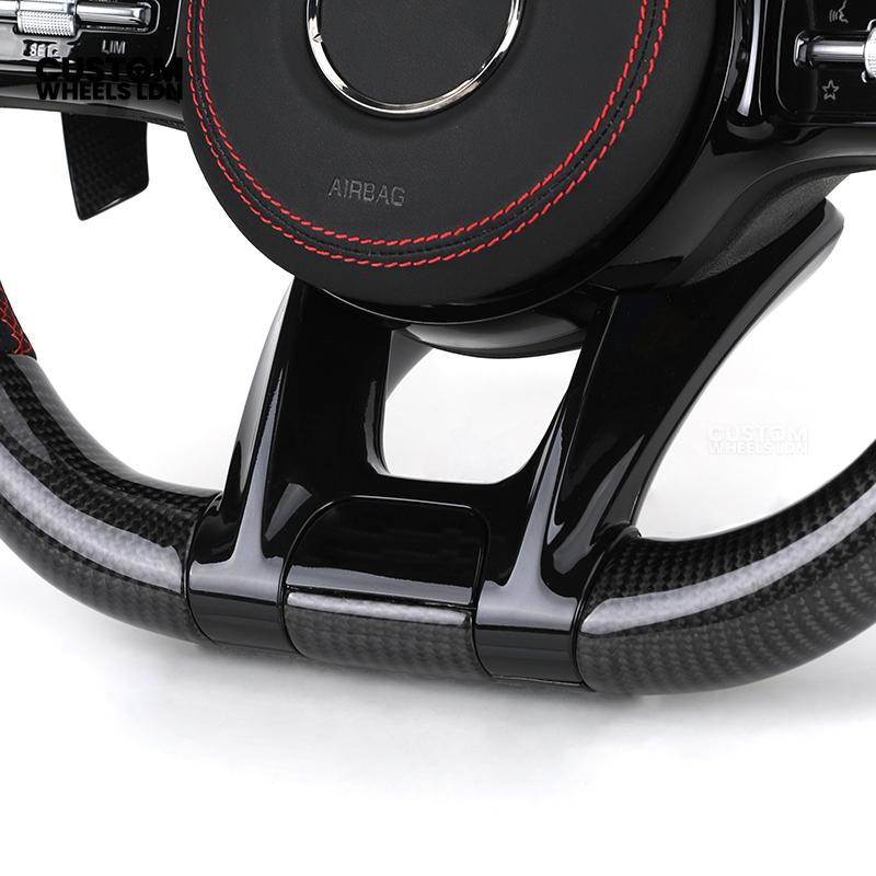 Mercedes Custom AMG Flat Bottom Steering Wheel – Perforated Leather & Gloss Carbon Fibre, LED Display, Red Stitching, Piano Black Trim, Carbon Paddles, Touch Control Buttons | Fits C-Class, E-Class, GLC, GLE, CLS, G-Class + more | Plug & Play | Retrofit U