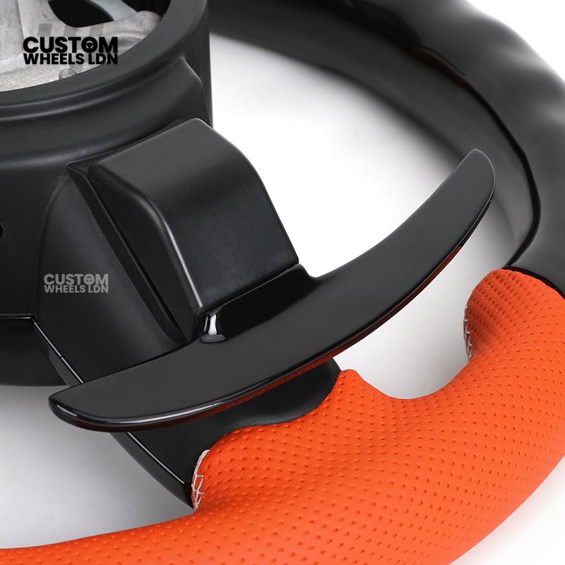 BMW Custom LED Steering Wheel – Gloss Black with Orange Leather | Fits 1/2/3/4 Series, X1, X2 + more | Flat Bottom