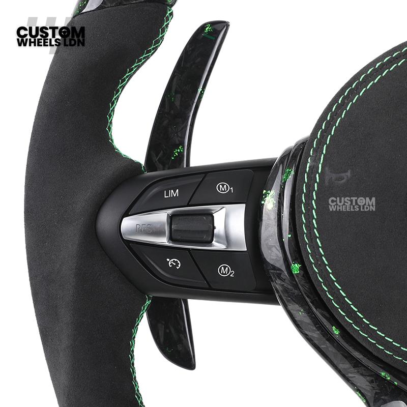 BMW Custom Green Forged Carbon LED Steering Wheel with Green Stitching | M Performance Style | Plug & Play | Fits F20 F22 F30 F32 F36 F80 F87 E90 E92 E93 + more