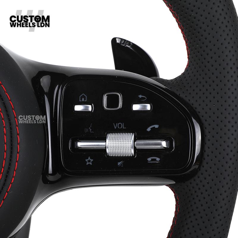 Mercedes Custom AMG LED Steering Wheel – Black AMG Trim, Red Stitching, Black Controls, Flat Bottom, Perforated Leather | AMG Badge | Plug & Play | Complete Wheel with Airbag | Retrofit Upgrade for Older Models Available | Fits W205, W213, GLC, CLS + More