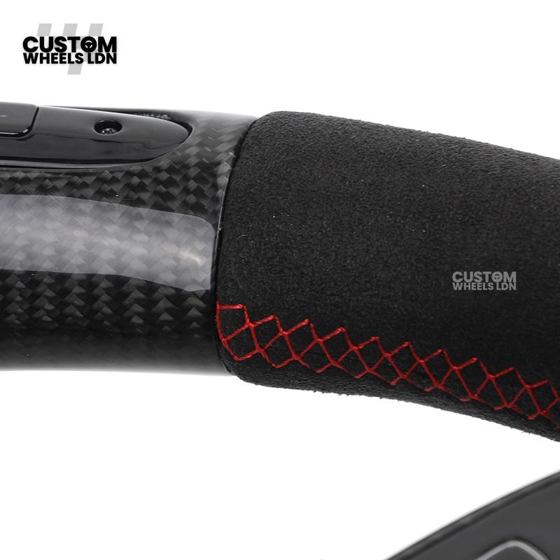 Mercedes Custom AMG Flat Bottom Steering Wheel – Alcantara & Carbon Fibre, Red Stitching, LED Display, Black Trim, Touch Buttons, AMG Badge | Fits C-Class, E-Class, CLS, GLC, GLE, G-Class + more | Plug & Play | Retrofit Upgrade for Older Model available