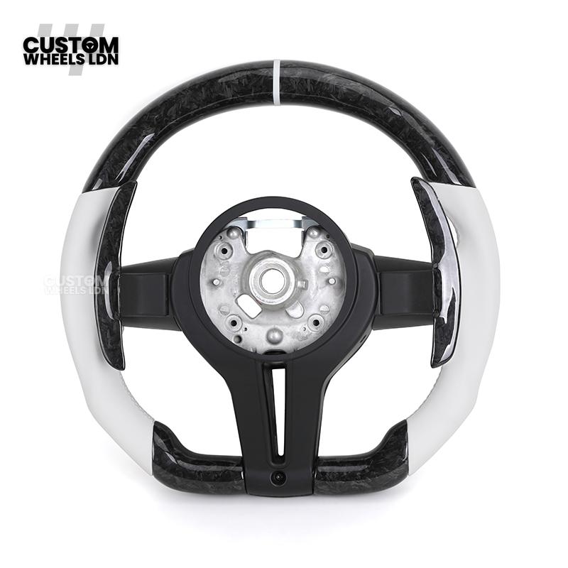 BMW Forged Carbon & White LED Steering Wheel | Paddle Shifters | M Badge | Flat Bottom | Plug & Play | Fits 1 2 3 4 5 Series (F & E Series) + more | Complete Wheel