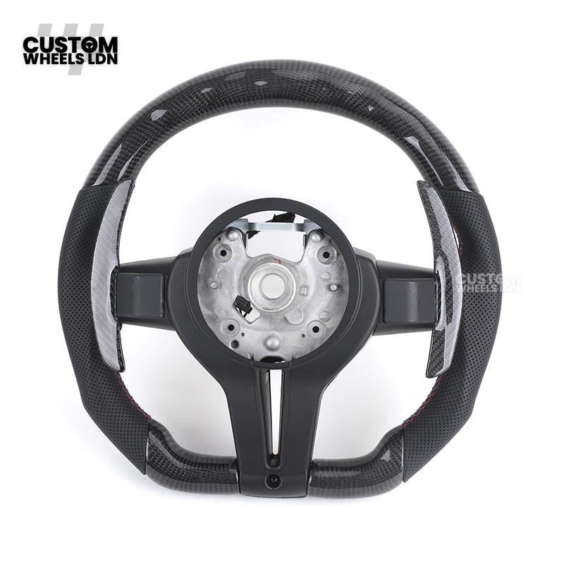 BMW Custom LED Steering Wheel – Carbon Fibre with Red Trim, Perforated Leather, Flat Bottom | Fits 1/2/3/4 Series, X1, X2 + more