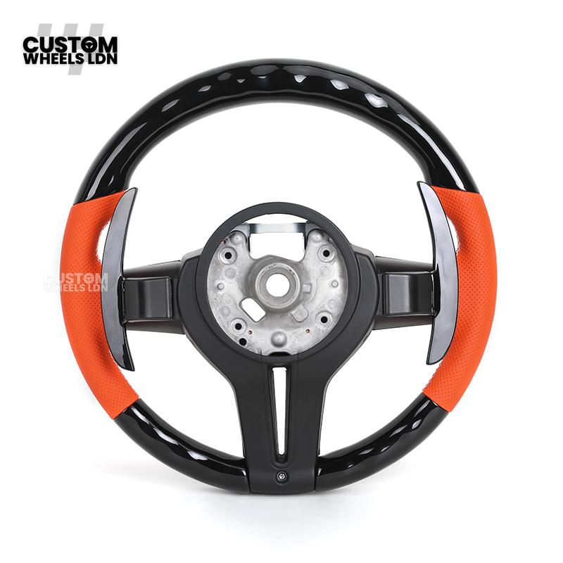 BMW Custom LED Steering Wheel – Gloss Black with Orange Leather | Fits 1/2/3/4 Series, X1, X2 + more | Flat Bottom