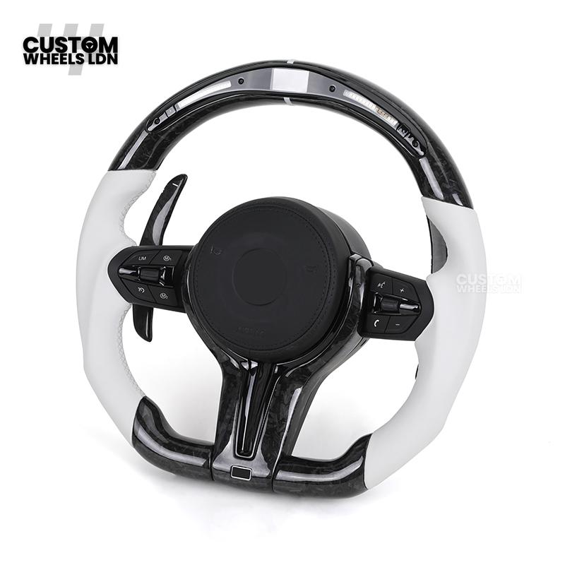 BMW Forged Carbon & White LED Steering Wheel | Paddle Shifters | M Badge | Flat Bottom | Plug & Play | Fits 1 2 3 4 5 Series (F & E Series) + more | Complete Wheel