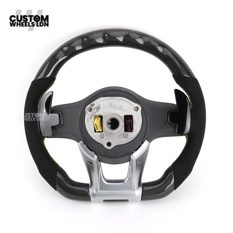 Mercedes Custom AMG Flat Bottom Steering Wheel – Alcantara & Carbon Fibre, Yellow Stitching, LED Display, Silver Trim, Touch Control Buttons, AMG Badge | Fits C-Class, E-Class, CLS, GLC, GLE, G-Class + more | Plug & Play | Retrofit Upgrade for Older Model