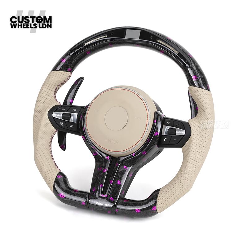 BMW Custom Purple Forged Carbon LED Steering Wheel | Cream Leather Grip | M Performance Style | Plug & Play | Fits F20 F22 F30 F32 F36 F80 F87 E90 E92 E93 + more