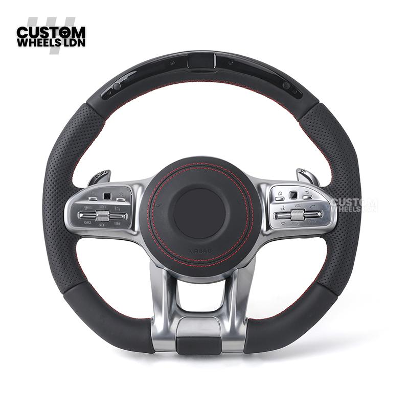 Mercedes Custom AMG Flat Bottom LED Steering Wheel – Black Leather, Perforated Sides, Red Stitching, Classic Buttons & Silver Paddles | AMG Trim | Fits W205, W213, GLC, GLE, CLS + more | Plug & Play | With Airbag | Retrofit possible for Older Models