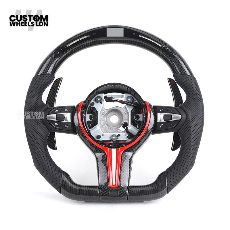 BMW Custom LED Steering Wheel – Carbon Fibre with Red Trim, Perforated Leather, Flat Bottom | Fits 1/2/3/4 Series, X1, X2 + more