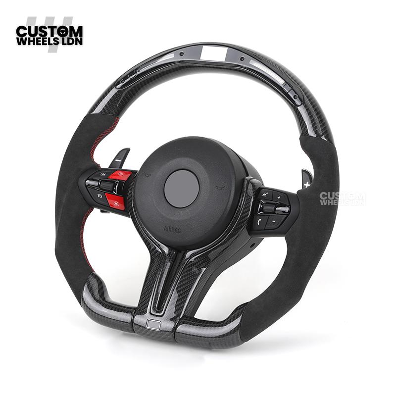 BMW Custom LED Steering Wheel – Gloss Carbon Fibre with Alcantara & Red Accents | M-Sport Style | Fits 3/4/5 Series, X Models + more | Plug & Play | Fits older models
