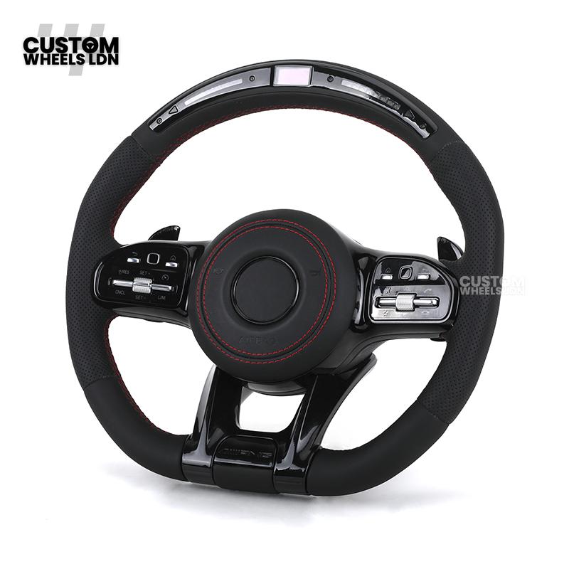 Mercedes Custom AMG LED Steering Wheel – Black AMG Trim, Red Stitching, Black Controls, Flat Bottom, Perforated Leather | AMG Badge | Plug & Play | Complete Wheel with Airbag | Retrofit Upgrade for Older Models Available | Fits W205, W213, GLC, CLS + More