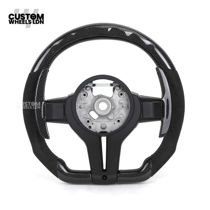 BMW Custom LED Steering Wheel – Carbon Fibre with Red Trim, Alcantara, Flat Bottom | Fits 1/2/3/4 Series, X1, X2 + more | Fits older models