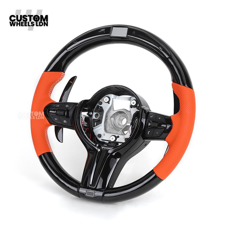 BMW Custom LED Steering Wheel – Gloss Black with Orange Leather | Fits 1/2/3/4 Series, X1, X2 + more | Flat Bottom