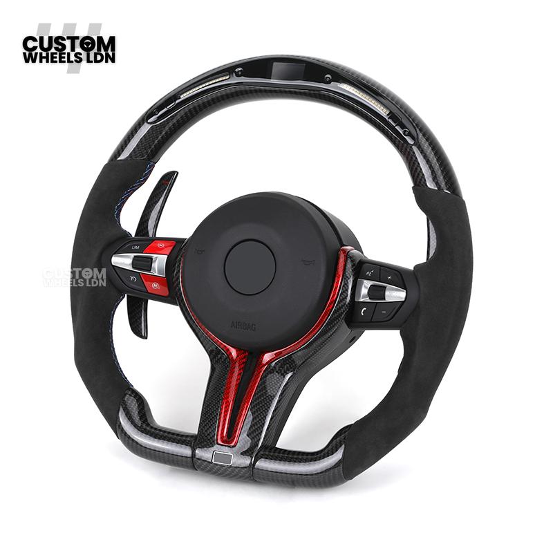 BMW Custom LED Steering Wheel – Carbon Fibre with Red Trim, Alcantara, Flat Bottom | Fits 1/2/3/4 Series, X1, X2 + more | Fits older models
