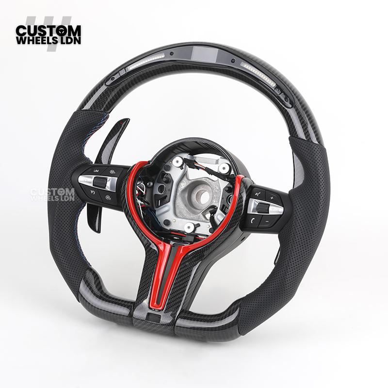 BMW Custom LED Steering Wheel – Carbon Fibre with Red Trim, Perforated Leather, Flat Bottom | Fits 1/2/3/4 Series, X1, X2 + more