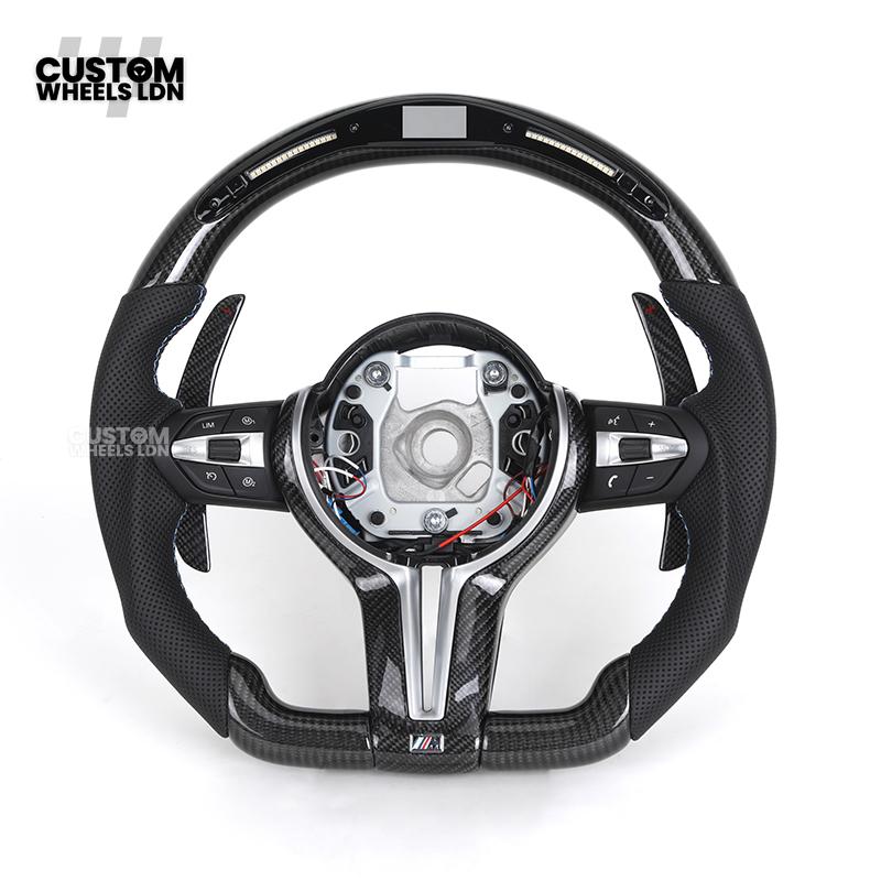 BMW Custom LED Steering Wheel – Carbon Fibre with M-Stitching, Perforated Leather, Flat Bottom | Fits 1/2/3/4 Series, X1, X2 + more | Fits older models