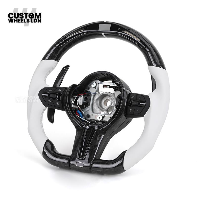 BMW Forged Carbon & White LED Steering Wheel | Paddle Shifters | M Badge | Flat Bottom | Plug & Play | Fits 1 2 3 4 5 Series (F & E Series) + more | Complete Wheel