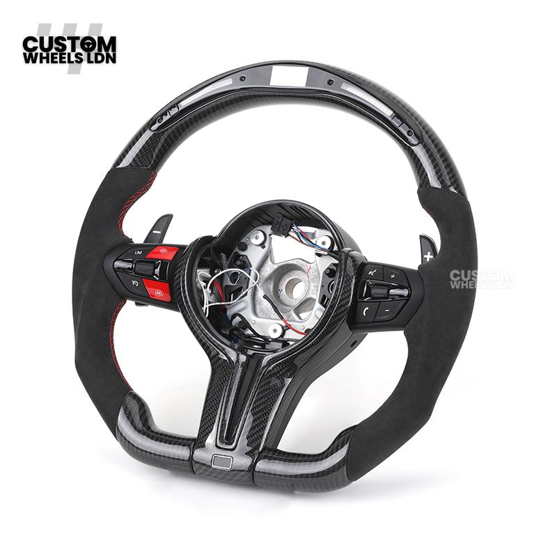 BMW Custom LED Steering Wheel – Gloss Carbon Fibre with Alcantara & Red Accents | M-Sport Style | Fits 3/4/5 Series, X Models + more | Plug & Play | Fits older models