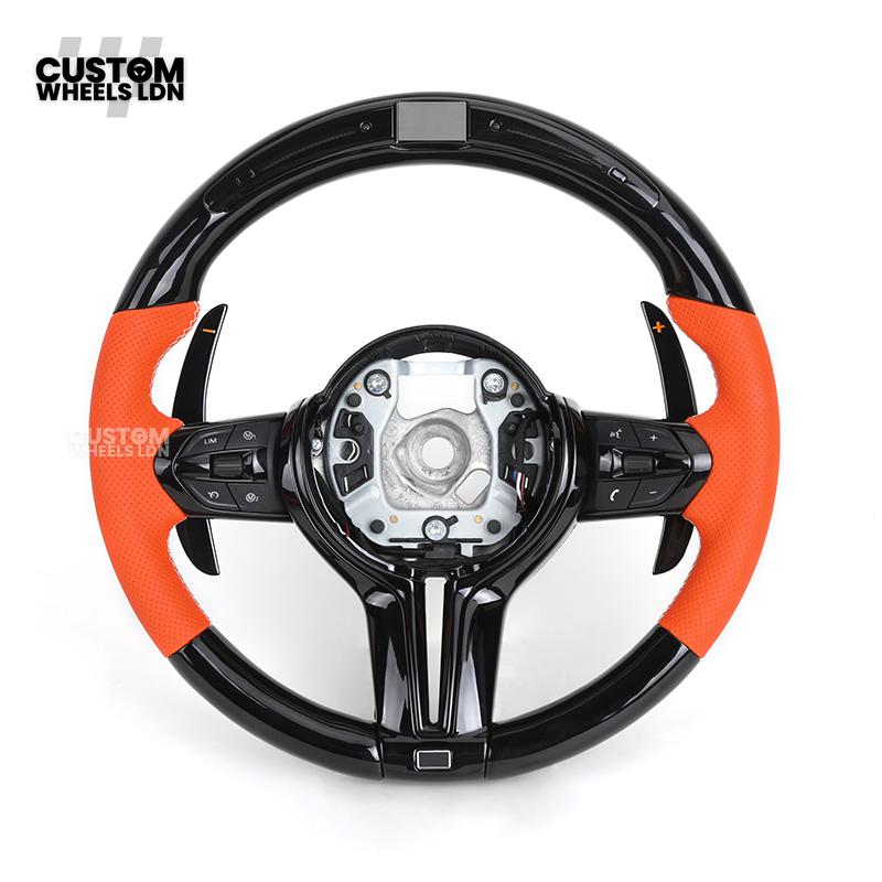 BMW Custom LED Steering Wheel – Gloss Black with Orange Leather | Fits 1/2/3/4 Series, X1, X2 + more | Flat Bottom